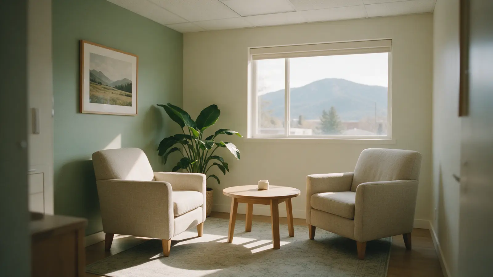 A calm room with two armchairs facing each other and a view of the mountains